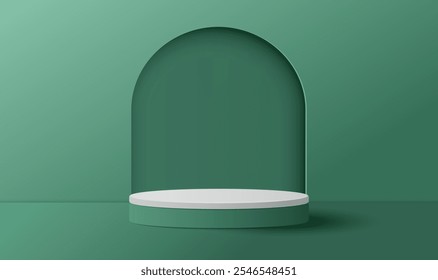 Papierschnitt einer Minimalszene mit weißem und grünem Zylinderpodium auf grünem Hintergrund. Produktpräsentation, Modell nach oben, zeigen kosmetische. Vektorgrafik