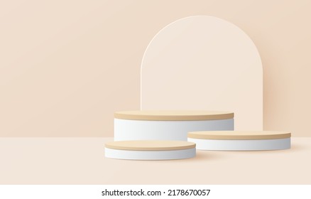Paper cut of minimal scene with wood cylinder podium on light brown background. Product presentation, mock up, show cosmetic. Vector illustration