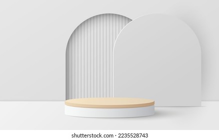 Paper cut of minimal scene with wood cylinder podium on grey background. Product presentation, mock up, show cosmetic. Vector illustration