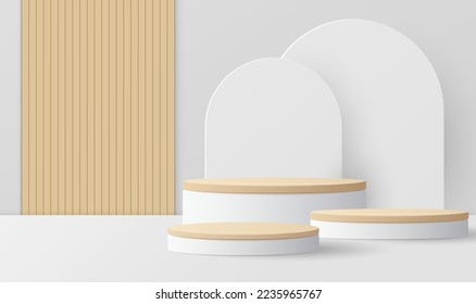 Paper cut of minimal scene with wood cylinder podium on grey background. Product presentation, mock up, show cosmetic. Vector illustration