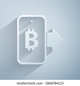 Paper cut Mining bitcoin from mobile icon isolated on grey background. Cryptocurrency mining, blockchain technology service. Paper art style. Vector