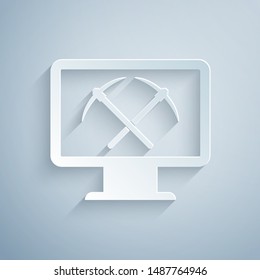 Paper cut Mining concept with laptop and pickaxe icon isolated on grey background. Blockchain technology, cryptocurrency mining, digital money market. Paper art style. Vector Illustration