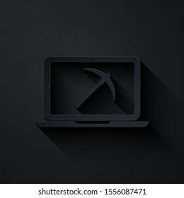 Paper cut Mining concept with laptop and pickaxe icon isolated on black background. Blockchain technology, cryptocurrency mining, digital money market. Paper art style. Vector Illustration
