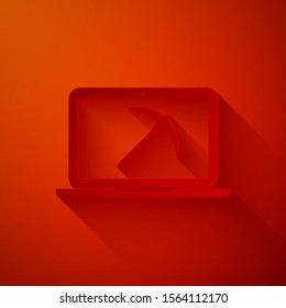 Paper cut Mining concept with laptop and pickaxe icon isolated on red background. Blockchain technology, cryptocurrency mining, digital money market. Paper art style. Vector Illustration