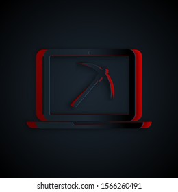 Paper cut Mining concept with laptop and pickaxe icon isolated on black background. Blockchain technology, cryptocurrency mining, digital money market. Paper art style. Vector Illustration