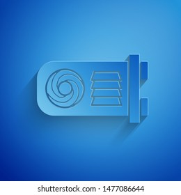 Paper cut Mining farm icon isolated on blue background. Cryptocurrency mining, blockchain technology, bitcoin, digital money market, wallet. Paper art style. Vector Illustration