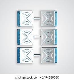 Paper cut Mining farm icon isolated on grey background. Cryptocurrency mining, blockchain technology, bitcoin, digital money market, cryptocoin wallet. Paper art style. Vector Illustration