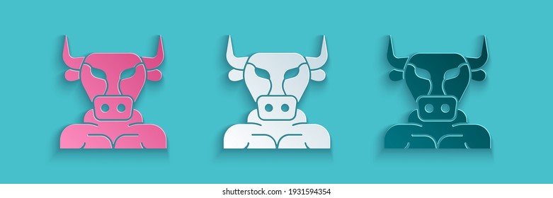 Paper cut Minotaur icon isolated on blue background. Mythical greek powerful creature the half human bull legendary minotaur from cretan labyrinth. Paper art style. Vector