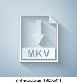 Paper cut MKV file document icon. Download MKV button icon isolated on grey background. Paper art style. Vector Illustration