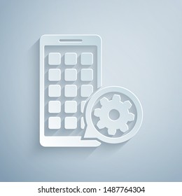 Paper cut Mobile Apps and gear icon isolated on grey background. Adjusting app, service concept, setting options, maintenance, repair, fixing. Paper art style. Vector Illustration