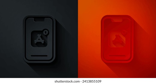 Paper cut Mobile Apps icon isolated on black and red background. Smartphone with screen icons, applications. mobile phone showing screen. Paper art style. Vector