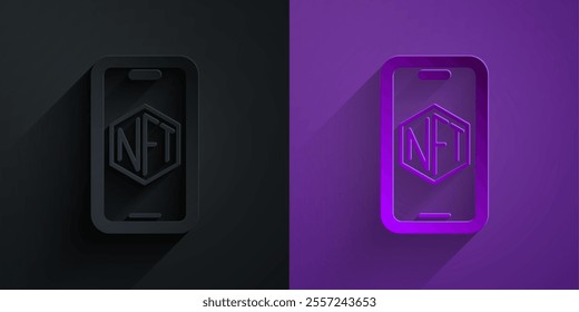 Paper cut Mobile with art store app icon isolated on black on purple background. Technology of selling NFT tokens for cryptocurrency. Non fungible token. Paper art style. Vector