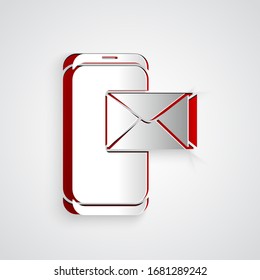 Paper cut Mobile and envelope, new message, mail icon isolated on grey background. Usage for e-mail newsletters, headers, blog posts. Paper art style. Vector Illustration