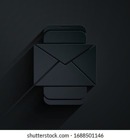 Paper cut Mobile and envelope, new message, mail icon isolated on black background. Usage for e-mail newsletters, headers, blog posts. Paper art style. Vector Illustration
