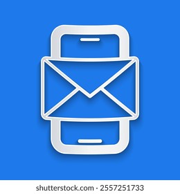 Paper cut Mobile and envelope, new message, mail icon isolated on blue background. Usage for e-mail newsletters, headers, blog posts. Paper art style. Vector