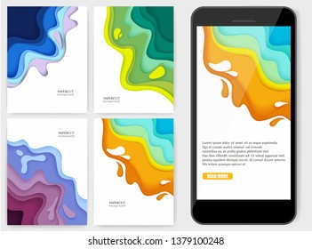 Paper cut mobile phone background. Vector illustration of colorful paint layers in paper art style. Smartphone interface wallpaper design.