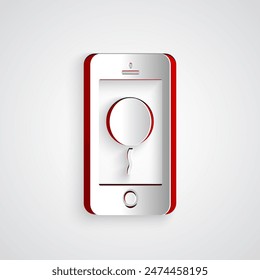 Paper cut Mobile phone with birthday message icon isolated on grey background. Paper art style. Vector Illustration