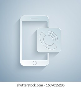 Paper cut Mobile phone call icon isolated on grey background. Paper art style. Vector Illustration