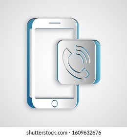 Paper cut Mobile phone call icon isolated on grey background. Paper art style. Vector Illustration