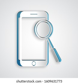 Paper cut Mobile phone diagnostics icon isolated on grey background. Adjusting app fixing. Paper art style. Vector Illustration
