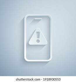 Paper cut Mobile phone with exclamation mark icon isolated on grey background. Alert message smartphone notification. Paper art style. Vector.