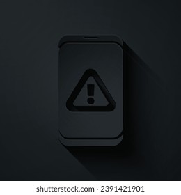 Paper cut Mobile phone with exclamation mark icon isolated on black background. Alert message smartphone notification. Paper art style. Vector