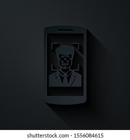 Paper cut Mobile phone and face recognition icon isolated on black background. Face identification scanner icon. Facial id. Cyber security. Paper art style. Vector Illustration