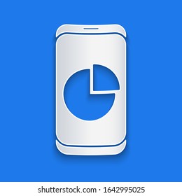 Paper cut Mobile phone with graph chart icon isolated on blue background. Report text file. Accounting sign. Audit, analysis, planning. Paper art style. Vector Illustration