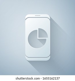 Paper cut Mobile phone with graph chart icon isolated on grey background. Report text file. Accounting sign. Audit, analysis, planning. Paper art style. Vector Illustration