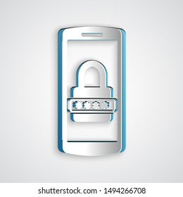 Paper cut Mobile phone and password protection icon isolated on grey background. Security, safety, personal access, user authorization, privacy. Paper art style. Vector Illustration