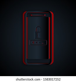 Paper cut Mobile phone and password protection icon isolated on black background. Security, safety, personal access, user authorization, privacy. Paper art style. Vector Illustration