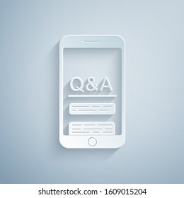 Paper cut Mobile phone with Question and Exclamation icon isolated on grey background. Frequently asked questions. Paper art style. Vector Illustration