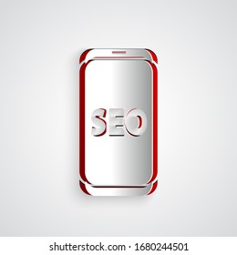 Paper cut Mobile phone SEO optimization concept icon isolated on grey background. Paper art style. Vector Illustration