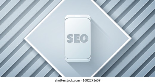 Paper cut Mobile phone SEO optimization concept icon isolated on grey background. Paper art style. Vector Illustration