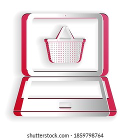 Paper cut Mobile phone and shopping basket icon isolated on white background. Online buying symbol. Supermarket basket symbol. Paper art style. Vector.