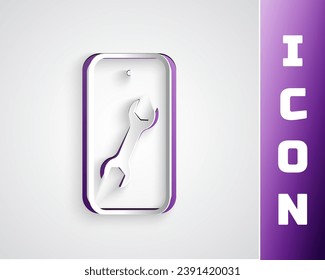 Paper cut Mobile phone with wrench icon isolated on grey background. Adjusting, service, setting, maintenance, repair. Paper art style. Vector
