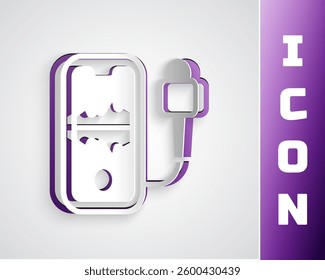 Paper cut Mobile recording icon isolated on grey background. Mobile phone with microphone. Voice recorder app smartphone interface. Paper art style. Vector