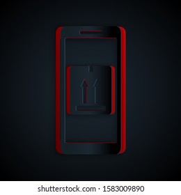 Paper cut Mobile smart phone with app delivery tracking icon isolated on black background. Parcel tracking. Paper art style. Vector Illustration