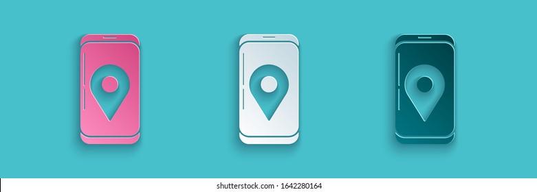 Paper cut Mobile smart phone with app delivery tracking icon isolated on blue background. Parcel tracking. Paper art style. Vector Illustration