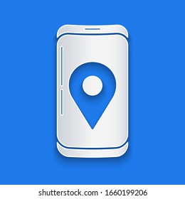 Paper cut Mobile smart phone with app delivery tracking icon isolated on blue background. Parcel tracking. Paper art style. Vector Illustration