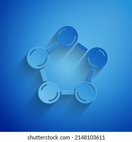 Paper cut Molecule icon isolated on blue background. Structure of molecules in chemistry, science teachers innovative educational poster. Paper art style. Vector