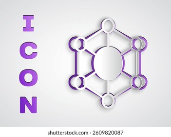 Paper cut Molecule icon isolated on grey background. Structure of molecules in chemistry, science teachers innovative educational poster. Paper art style. Vector