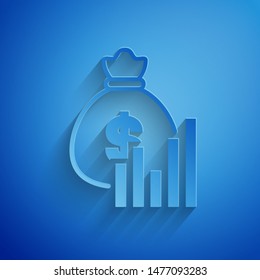 Paper cut Money bag and diagram graph icon isolated on blue background. Financial analytics, budget planning, finance managemen.  Paper art style. Vector Illustration