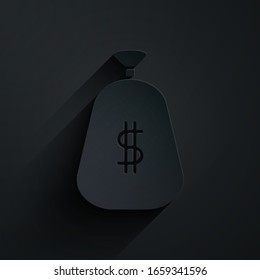 Paper cut Money bag icon isolated on black background. Dollar or USD symbol. Cash Banking currency sign. Paper art style. Vector Illustration