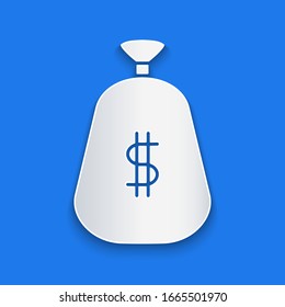 Paper cut Money bag icon isolated on blue background. Dollar or USD symbol. Cash Banking currency sign. Paper art style. Vector Illustration