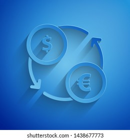Paper cut Money exchange icon isolated on blue background. Euro and Dollar cash transfer symbol. Banking currency sign. Paper art style. Vector Illustration