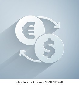 Paper cut Money exchange icon isolated on grey background. Euro and Dollar cash transfer symbol. Banking currency sign. Paper art style. Vector
