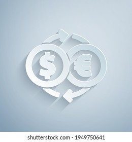 Paper cut Money exchange icon isolated on grey background. Euro and Dollar cash transfer symbol. Banking currency sign. Paper art style. Vector