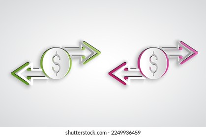 Paper cut Money exchange icon isolated on grey background. Cash transfer symbol. Banking currency sign. Paper art style. Vector