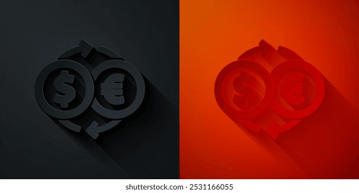 Paper cut Money exchange icon isolated on black and red background. Euro and Dollar cash transfer symbol. Banking currency sign. Paper art style. Vector